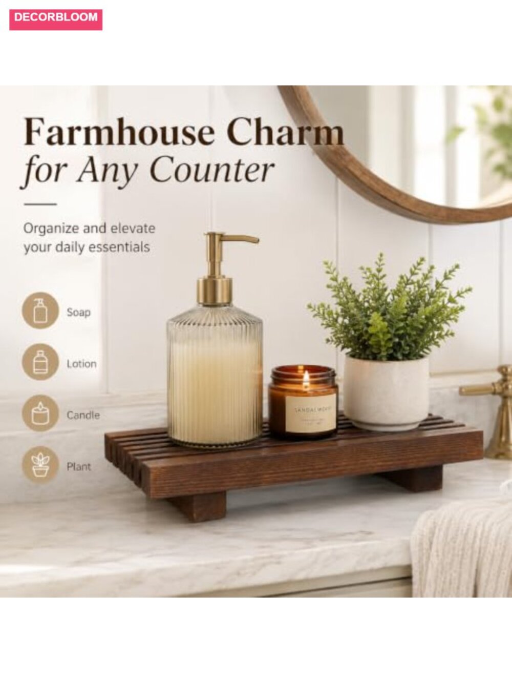 Wood Bathroom Sink Tray Farmhouse Decor Riser Soap Dispenser Holder Counter - Picture 2 of 6